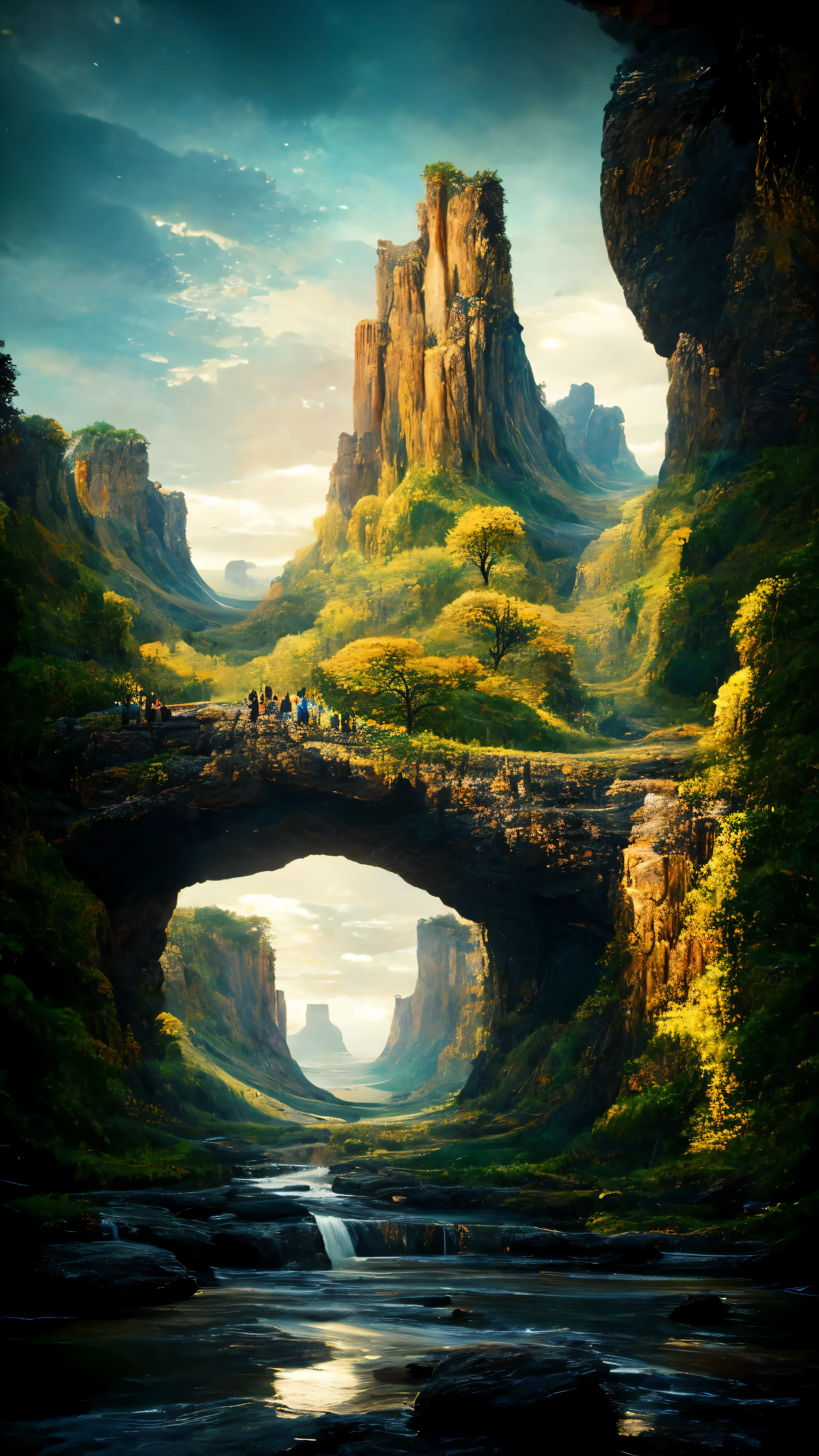 A breathtaking view of a towering cliff overlooking a majestic waterfall, adorned with several arch-shaped stones at the top, captured in a stunning matte painting with an incredible 8K resolution. This vertical wallpaper masterpiece transports you into a world of wonder and awe, where nature's grandeur is beautifully depicted in every brushstroke. Lose yourself in the intricate details of this realistic fantasy rendering, a digital painting meticulously crafted with the highest resolution possible - 8K. The level of detail and depth in this artwork is simply unparalleled, showcasing the skill and talent of the artist, Jessica Rossier. Immerse yourself in the beauty of this 4K rendered matte paint, as every element comes to life with unparalleled realism. Step into a three-dimensional realm where the