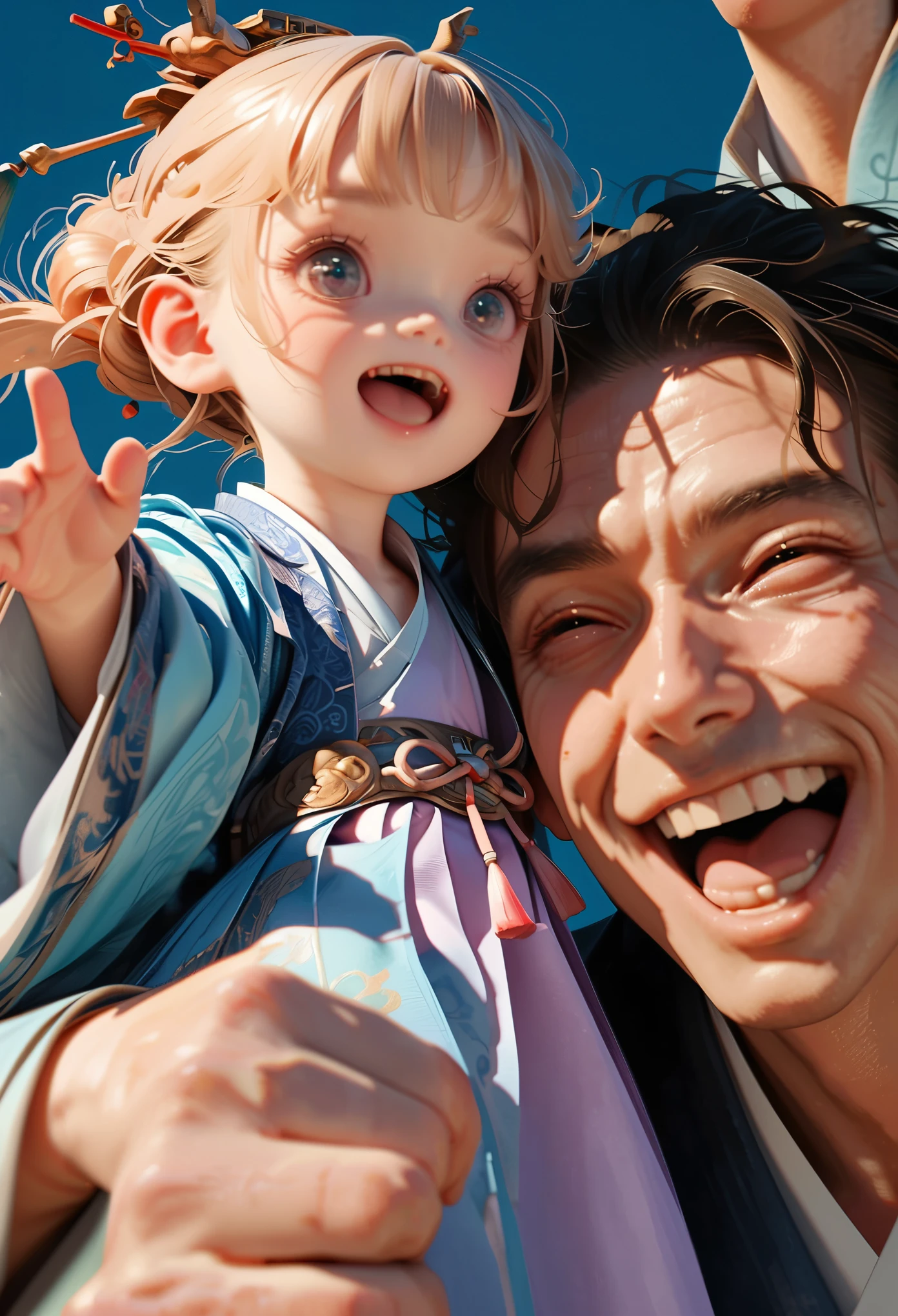 (two guys),(1 male:1.3),(1 female:1.3),smilingly,having fun(solid color background),Wearing Hanfu,Chinese traditions, Chinese painting,Chinese Arts,delicate luster, oc rendering, pastel colors, Film texture close-up, high detail,3D rendering,high quality,best quality,8K,Fingers for more details