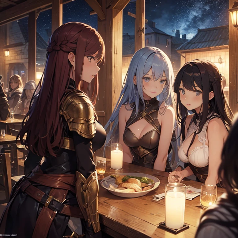 A group of  female medieval fantasy adventurers, (in tavern), various hair styles, harem, night, details face, seducing, sleeveless, armor 