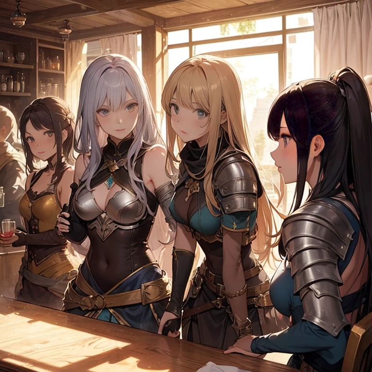 A group of female medieval fantasy adventurers, (in tavern), various hair styles, harem, night, details face, seducing, sleeveless, armor