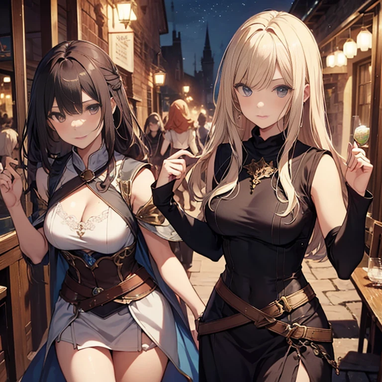 A group of female dancers set in a medieval fantasy setting、Dragon Quest、 (At the pub), Mr.々Hair style, Harem, night, Detailed aspect, skirt, Seduce, No sleeve、Off the shoulder、showing off panties、Huge Breasts、Big Ass、wide waist width、skirtをたくし上げている