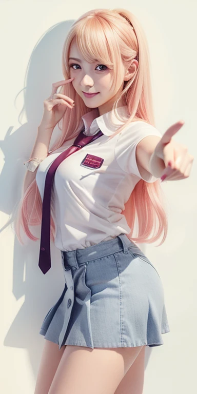 girl with pink hair and white shirt and tie pointing at something, with index finger, pose, waifu, marin kitagawa fanart, beautiful high school girl, girl, seductive girl, moe artstyle, character, style illustration, blonde girl with long hair, (girl), clean detailed art, girl with long hair