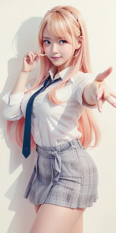 girl with pink hair and white shirt and tie pointing at something, with index finger, pose, waifu, marin kitagawa fanart, beautiful high school girl, girl, seductive girl, moe artstyle, character, style illustration, blonde girl with long hair, (girl), clean detailed art, girl with long hair