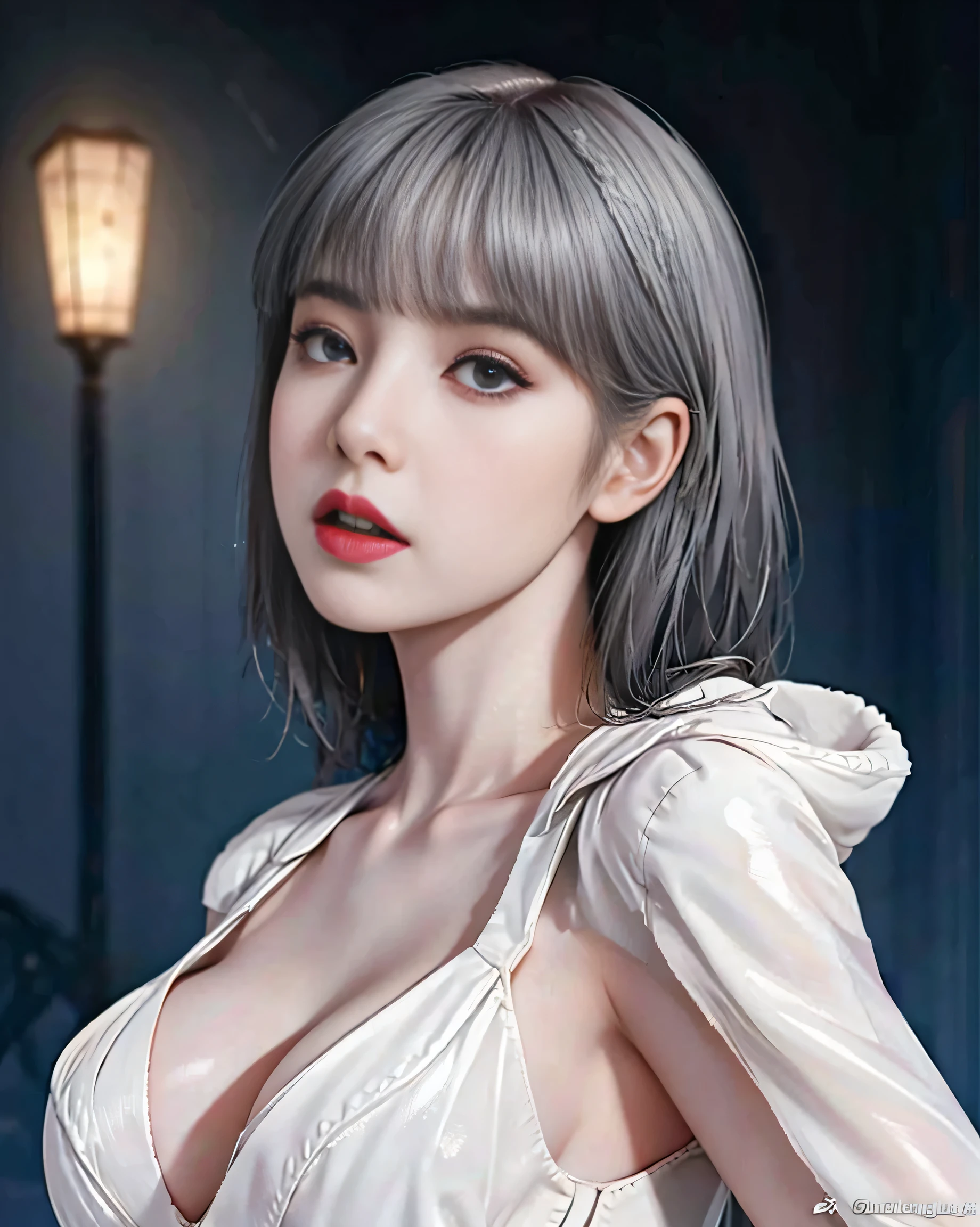 Beautiful girl with realistic black eyes, pale skin, Medium length silver hair, perfect face, perfect eyes, wearing a coat, very detailed, comprehensive movie, digital painting, 8K, cinematic lighting, highest quality, High resolution, great work, Post-processing, perfect result, surreal，big breasts，full body