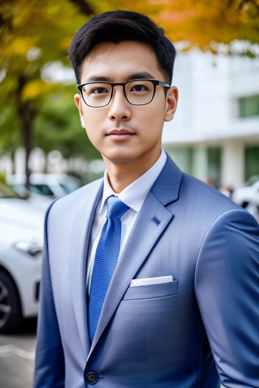 (One wears silver-white titanium alloy thin-rimmed glasses、Wearing a full light blue striped suit、White shirt、Tie、About 25 years old、Japanese men with a height of 180 cm)、best quality、masterpiece、ultra high resolution、(Photo realism:1.4)、original photo、(戶外街道上One wears silver-white titanium alloy thin-rimmed glasses、Wearing a full light blue striped suit、White shirt、Tie的年輕英俊的日本男人、Standing under the red maple tree、Red and big maple leaves、delicate leaves、branch details)、(There is a white BMW car next to the man、Man&#39;s hands on car roof) shadow、octane rendering、8K、Super sharp、realistic light、(There is only one white BMW car on the street、man&#39;s shining eyes、looking in the direction of the camera)、LED、Ultra high quality、High、gentleman、very beautiful hair、bright photos、As handsome as a model、As handsome as an idol,Professional profile photo, Professional portrait photos、Realistic portrait photos, Detailed color portrait, Portrait of an idol, High quality portrait.