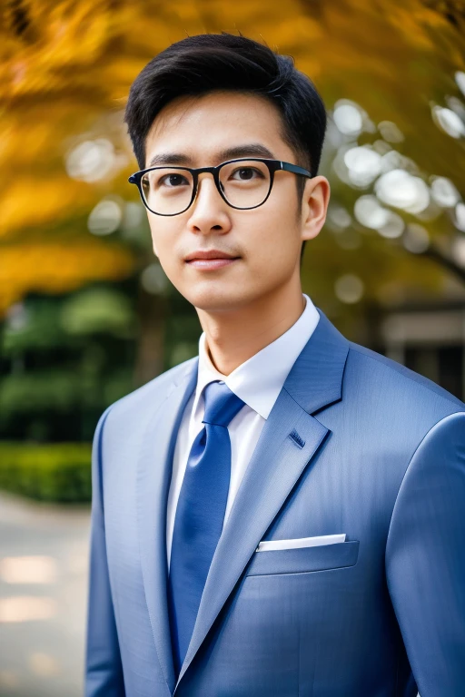 (One wears silver-white titanium alloy thin-rimmed glasses、Wearing a full light blue striped suit、White shirt、Tie、About 25 years old、Japanese men with a height of 180 cm)、best quality、masterpiece、ultra high resolution、(Photo realism:1.4)、original photo、(戶外街道上One wears silver-white titanium alloy thin-rimmed glasses、Wearing a full light blue striped suit、White shirt、Tie的年輕英俊的日本男人、Standing under the red maple tree、Red and big maple leaves、delicate leaves、branch details)、(There is a white BMW car next to the man、Man&#39;s hands on car roof) shadow、octane rendering、8K、Super sharp、realistic light、(There is only one white BMW car on the street、man&#39;s shining eyes、looking in the direction of the camera)、LED、Ultra high quality、High、gentleman、very beautiful hair、bright photos、As handsome as a model、As handsome as an idol,Professional profile photo, Professional portrait photos、Realistic portrait photos, Detailed color portrait, Portrait of an idol, High quality portrait.