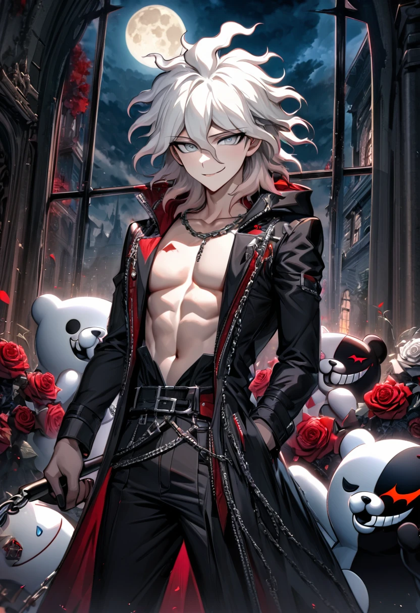 Ultra detailed, Highres, absurdres, HDR, Komaeda Nagito, white hair, silver eyes, black long coat, bare chest, prince cool clothes, 1 man only, smirking, moon, window, roses, handsome, Danganronpa, chains, holding a plushie of Monokuma,
