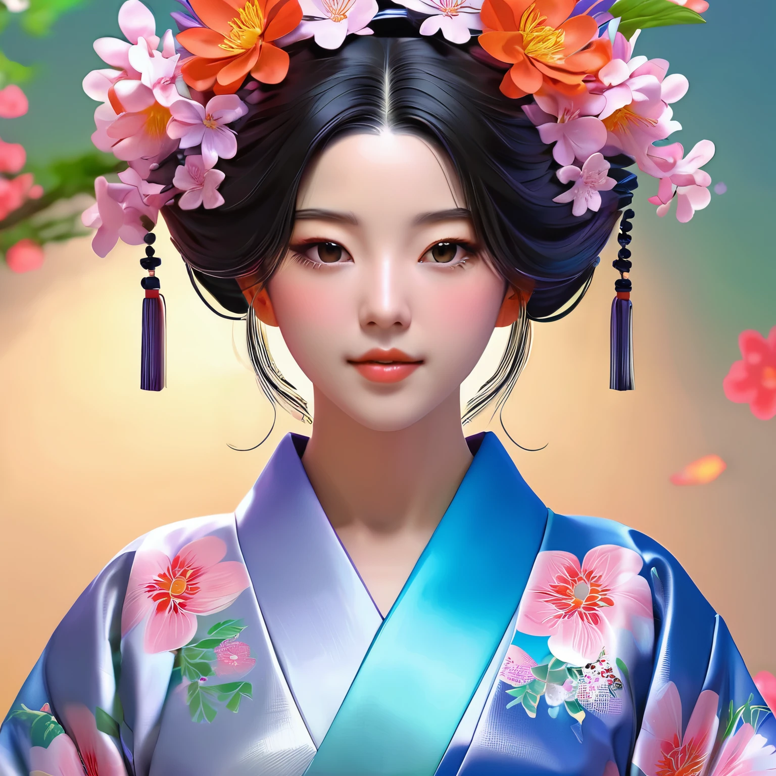 arafa woman in kimono with flowers on her head, linda arte digitalwork, beautiful digital illustration, linda pintura digital, linda pintura digital, obras de arte no estilo de guweiz, photorealistic rendering of anime girl, Arte suave em CG de anime, linda arte digital, great digital art with details, stunning digital illustration, arte digital detalhada de anime, April rendering, lindo retrato de anime