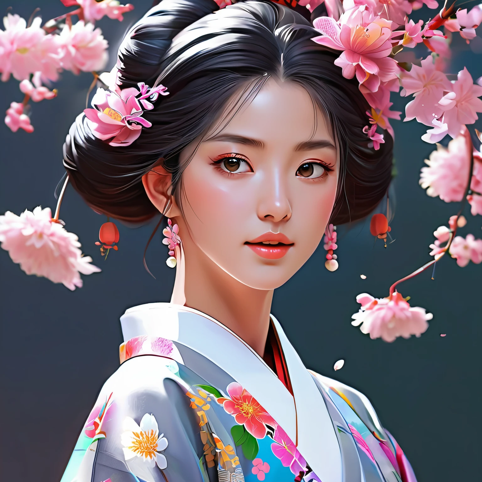 arafa woman in kimono with flowers on her head, linda arte digitalwork, beautiful digital illustration, linda pintura digital, linda pintura digital, obras de arte no estilo de guweiz, photorealistic rendering of anime girl, Arte suave em CG de anime, linda arte digital, great digital art with details, stunning digital illustration, arte digital detalhada de anime, April rendering, lindo retrato de anime