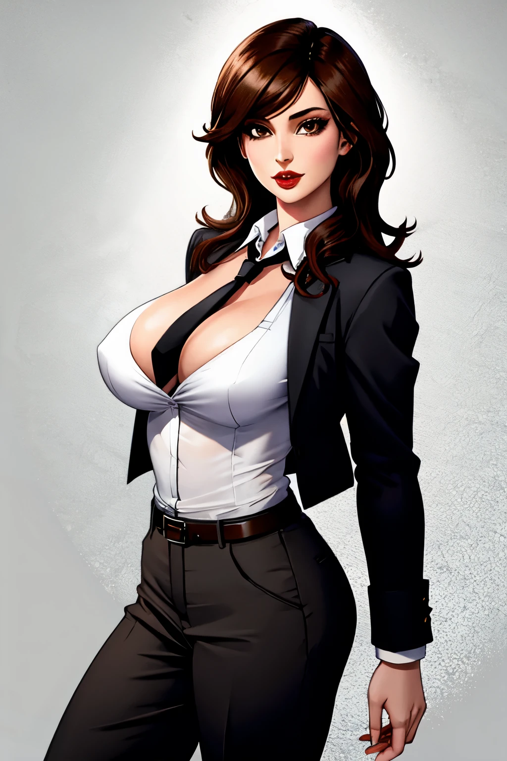 La mujer, chaqueta negra, corbata negra, black tie, camisa, shirt, pantalon negro, tacones, hig heels, las vegas al fondo, muy detallado, Realistic long-term photography, 4k, pelo largo, brown hair, By the chestnut, labios rojos, sexy,red lips, brown eyes, big breasts, pechos grandes, breasts