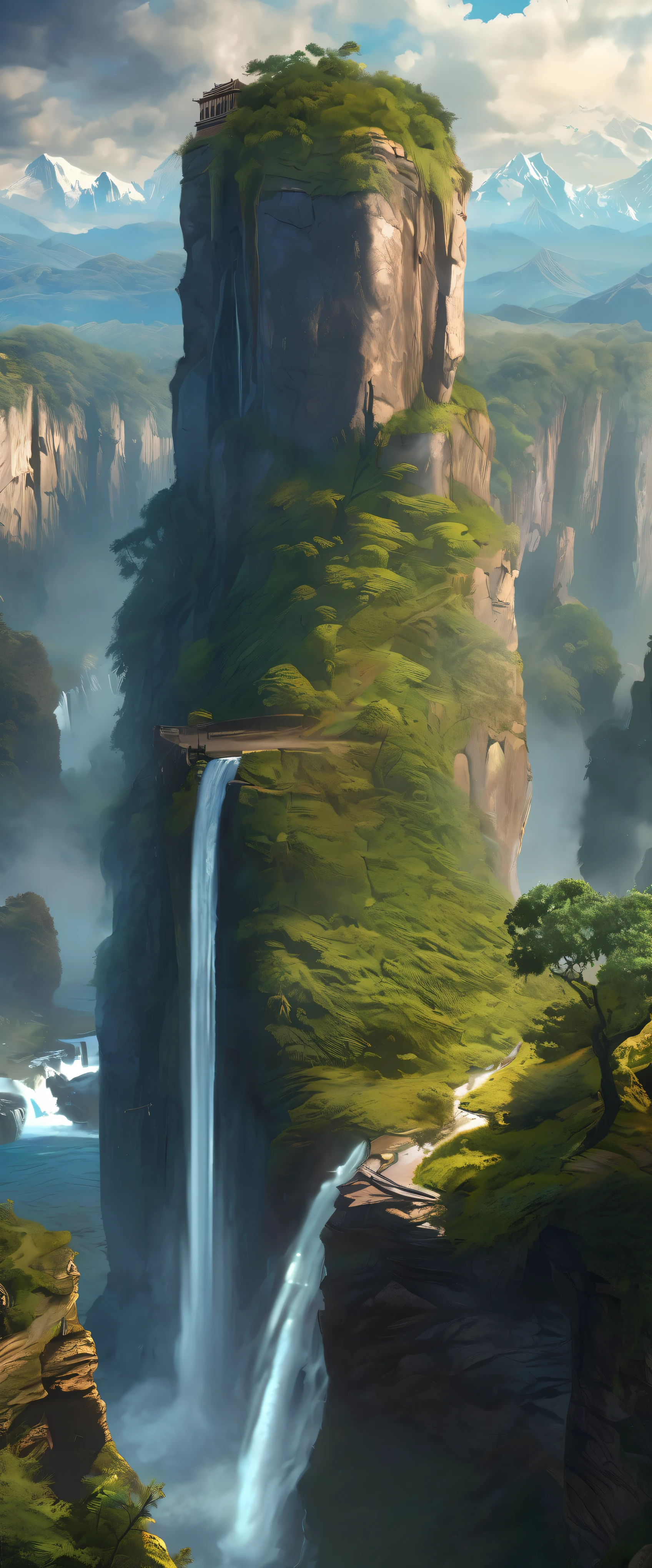 The breathtaking views of towering cliffs overlooking the majestic waterfalls、At the top is some arched stone、Captured in stunning matte paintings in incredible 8K resolution。This vertical wallpaper masterpiece is、The grandeur of nature is beautifully depicted with every brushstroke.、Transporting you to a world of wonder and awe。Immerse yourself in the intricate detail of this realistic fantasy rendering、It's a digital painting meticulously created in the highest possible resolution - 8K.。The level of detail and depth in this piece is unparalleled.、It showcases the skill and talent of artist Jessica Rossier.。Immerse yourself in the beauty of this 4K rendered matte painting、Every element comes to life with unparalleled realism。When you step into the third dimension、