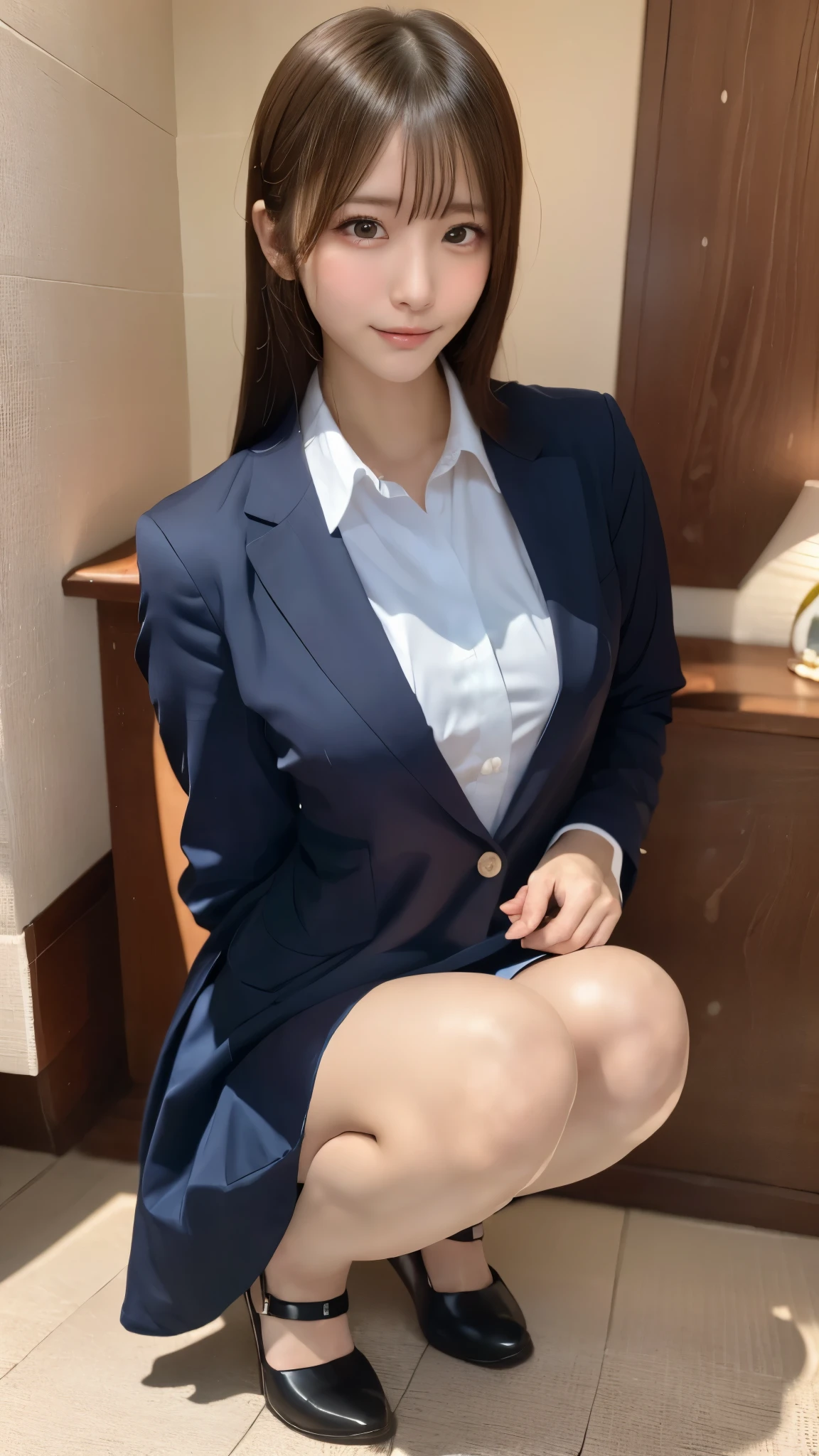 (8k, RAW photo, best quality, masterpiece:1.2), (realistic, photo-realistic:1.4), (extremely detailed 8k wallpaper), sharp focus, depth of field, bocinematic lighting, soft light,detailed beauty eyes,shiny smooth light brown long bob hair, asymmetrical bangs, shiny skin, super detailed skin,high resolution, high detailing, detailed hairstyle, detailed beauty face, hyper realistic, perfect limbs, perfect anatomy ,1 japanese girl,famous Japanese idol, perfect female body, large breasts,smile,short eyelashes,double-edged eyelid,((panties visible)), (squat pants shot),(dynamic pose))),(sitting cross-legged,bending the knees)),pleated skirt, blazer,sexy upper eyes,(Japanese girls' high school uniform:1.5)), Spectacular, Fine details, Detailed facial movie writing,