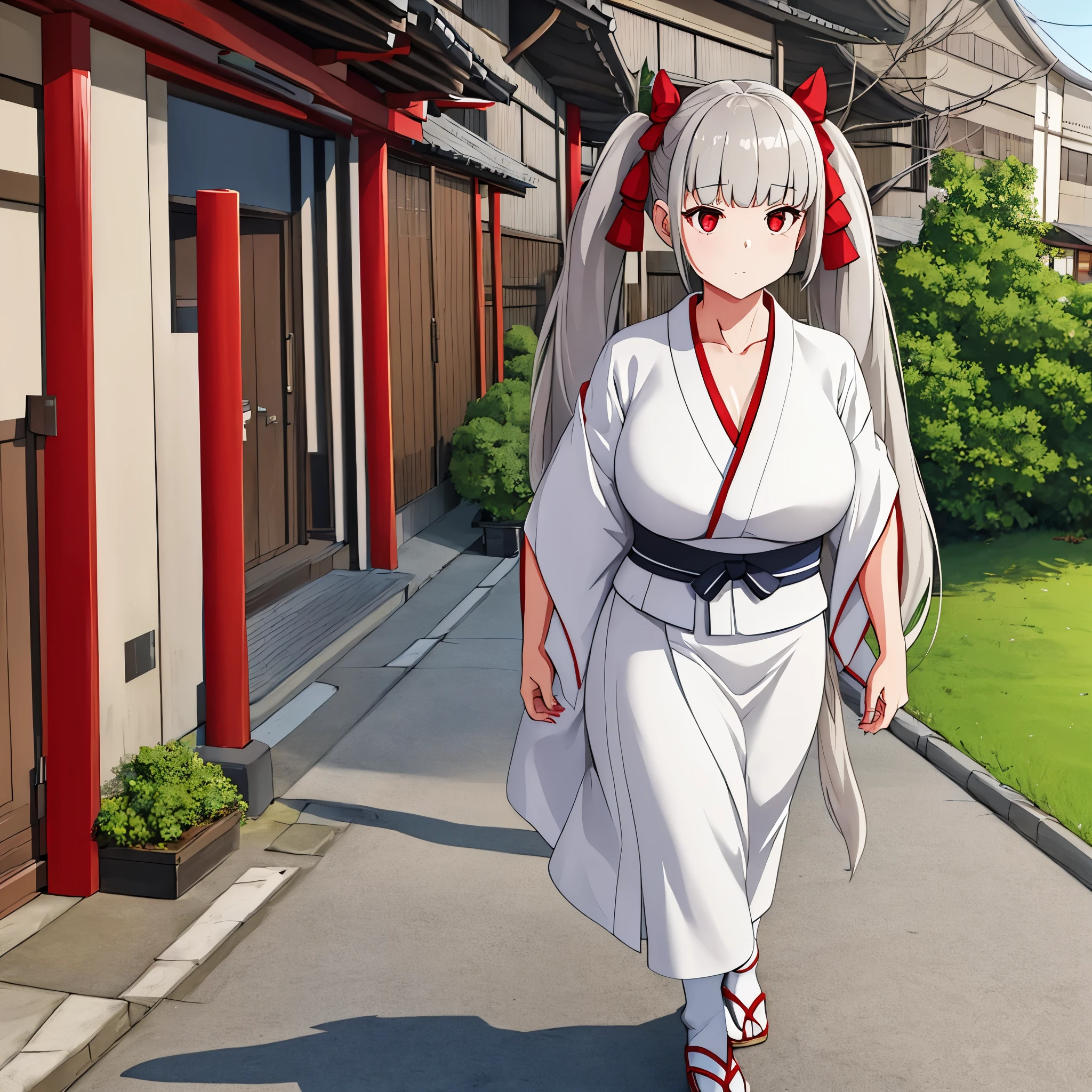 A woman wearing a white kimono with gray details, long gray hair, long pigtails, red eyes, large breasts, walking in a traditional Japanese neighborhood, concrete floor,HDR, ultra resolution, well defined, masterpiece, 8K HD. (solo woman)
