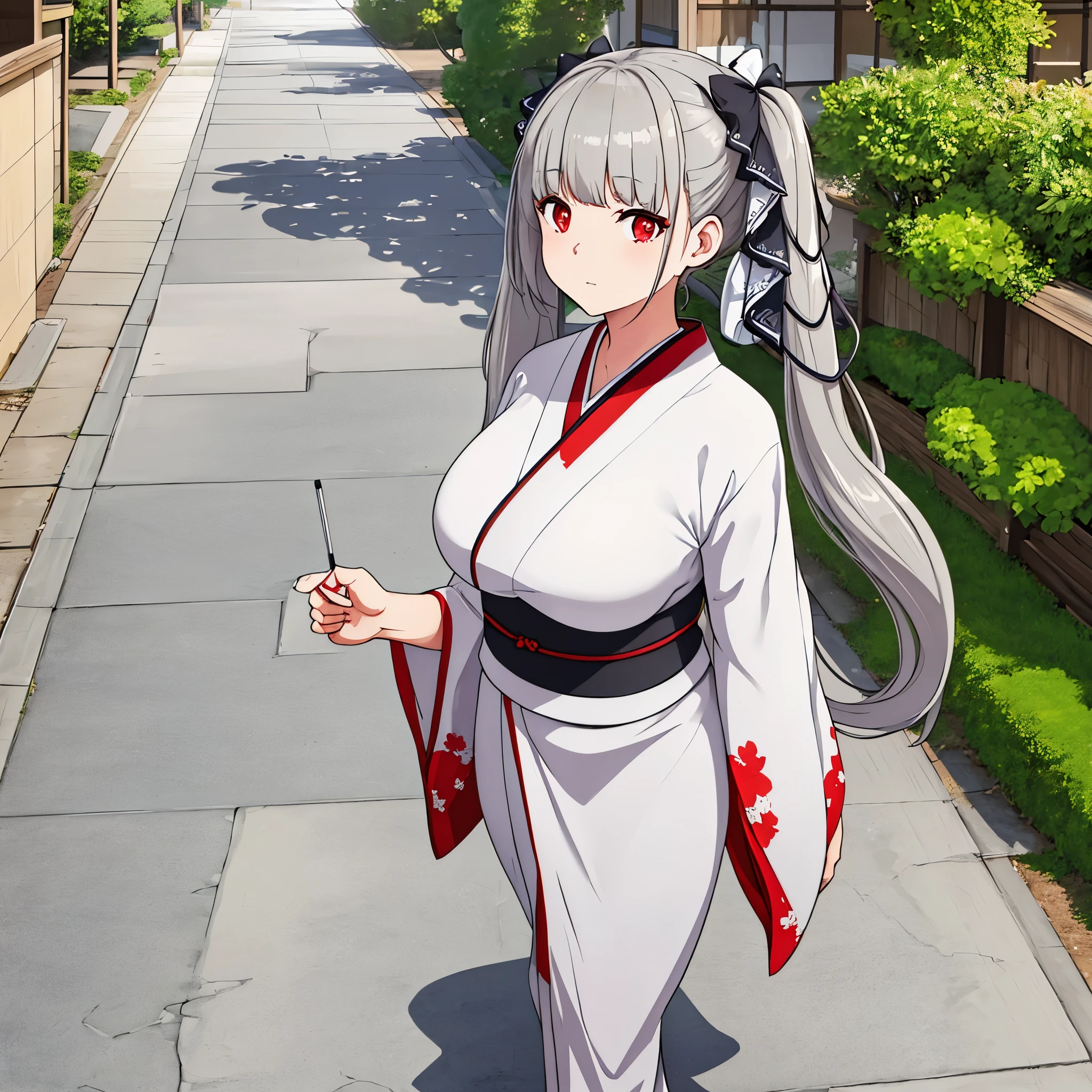 A woman wearing a white kimono with gray details, long gray hair, long pigtails, red eyes, large breasts, walking in a traditional Japanese neighborhood, concrete floor,HDR, ultra resolution, well defined, masterpiece, 8K HD. (solo woman)
