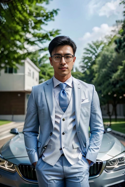 (One wears silver-white titanium alloy thin-rimmed glasses、Wearing a full light blue striped suit、White shirt、Tie、About 25 years old、Japanese men with a height of 180 cm)、best quality、masterpiece、ultra high resolution、(Photo realism:1.4)、original photo、(戶外街道上One wears silver-white titanium alloy thin-rimmed glasses、Wearing a full light blue striped suit、White shirt、Tie的年輕英俊的日本男人、Standing under the red maple tree、Red and big maple leaves、delicate leaves、branch details)、(There is a white BMW car next to the man、Man's hands on car roof) shadow、octane rendering、8K、Super sharp、realistic light、(There is only one white BMW car on the street、man's shining eyes、looking in the direction of the camera)、LED、Ultra high quality、High、gentleman、very beautiful hair、bright photos、As handsome as a model、As handsome as an idol,Professional profile photo, Professional portrait photos、Realistic portrait photos, Detailed color portrait, Portrait of an idol, High quality portrait.