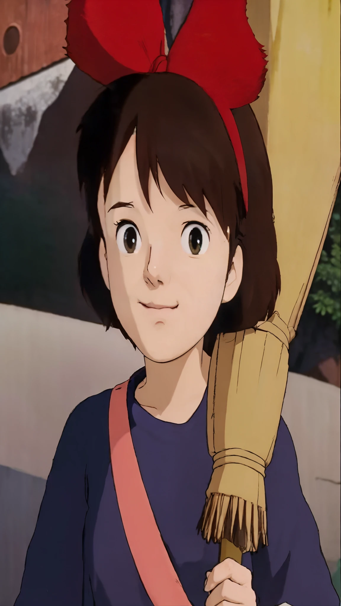 a close up of a person holding a broom near a building, style in ghibli anime, style in ghibli anime style, kikis delivery service, kiki's delivery service, studio ghibli and shinkai makoto, from the studio ghibli film, style of studio ghibli, in studio ghibli, studio ghibli filter, in the studio ghibli anime film, in style of studio ghibli