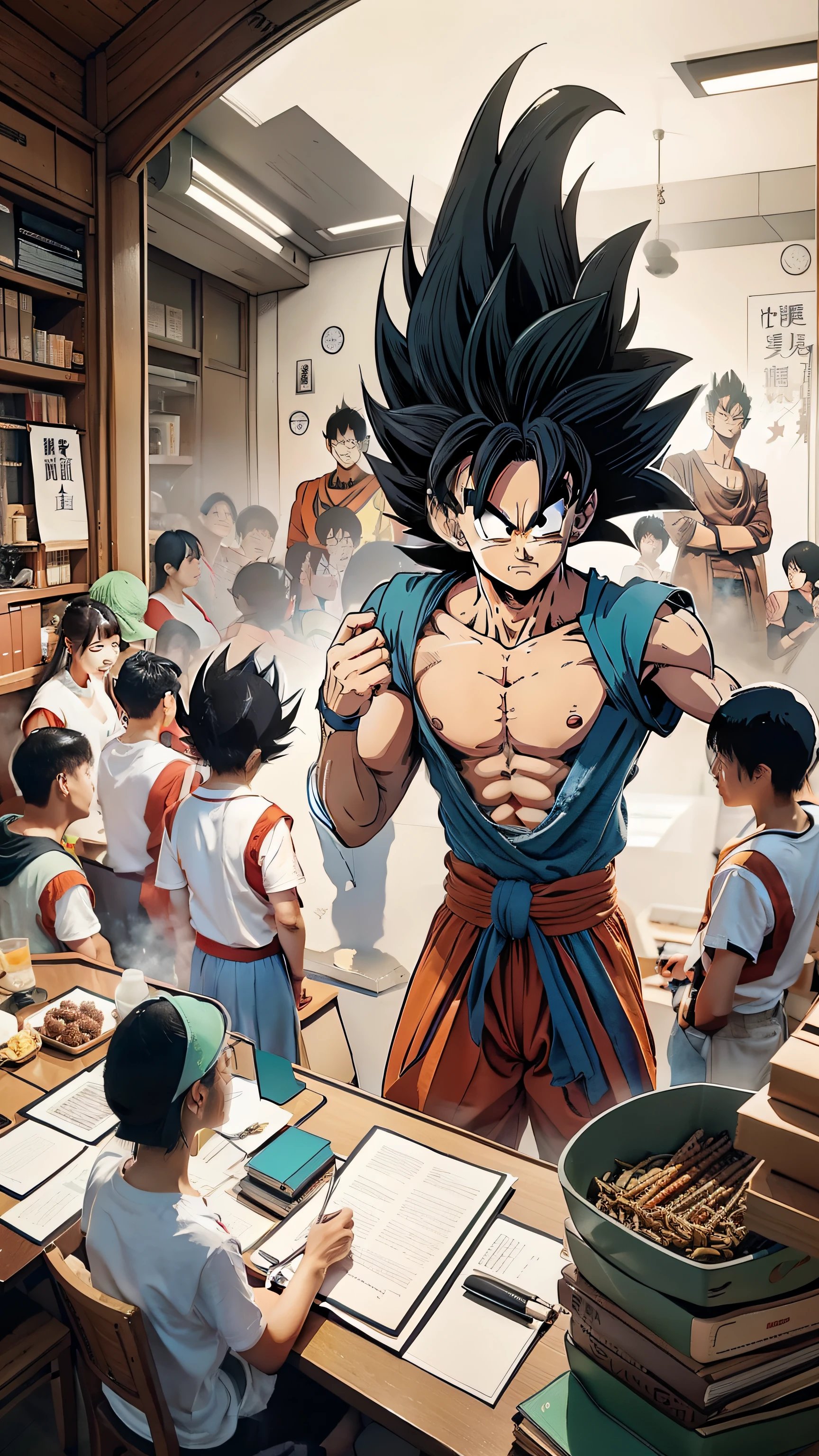 Dragon Ball Vegeta and 8 children wearing red scarves are studying at the table,HD,Extraordinary details,works of masters,hapiness,cheer,Simple background, Toriyama Akira style, dragon ball. sticker, good quality, vector, HD