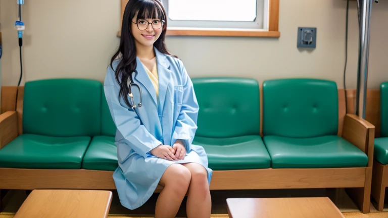 8k,looking_at_viewer,RAW photo,ultra high res,best quality,(realistic photo:1.2),(22yo:1.5),detailed big eye,very cute girl,japanese girl,doctor,bangs,(wavy hair:1.3),black hair,skinny,labcoat,hospital,smile,slender,crossed_legs,wide_shot,glasses,round eyewear,park,Examination room,sitting cheir