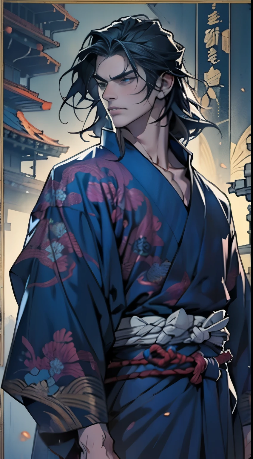 Samurai man with dark hair. Neck length hair, shaggy, with a calm and determined expression on his face, dark blue kimono, katana at side, moody, handsome, 32k, best quality, masterpiece, super detail, high details. 