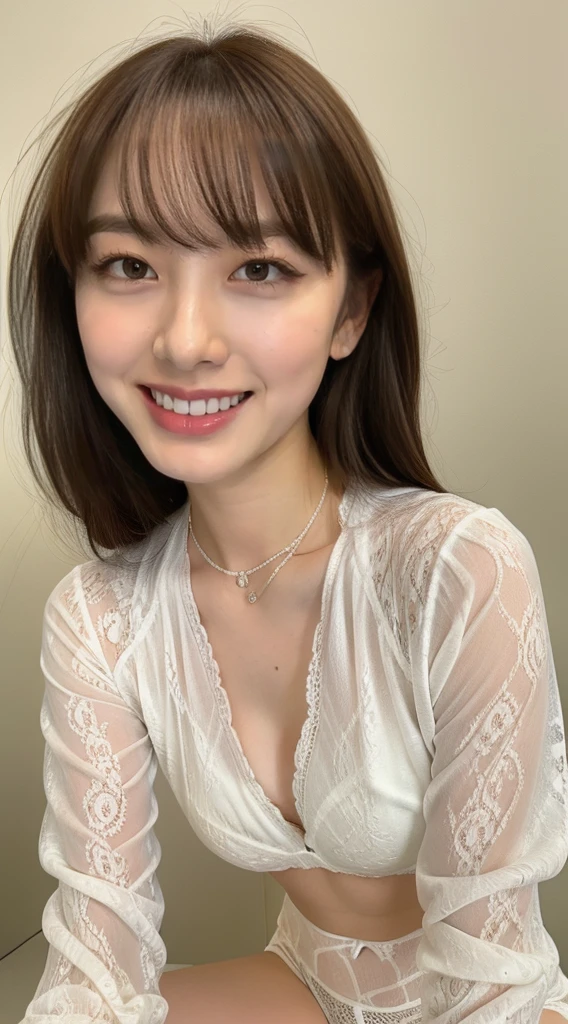 highest quality, masterpiece, ultra high resolution, (realistic: 1.5), Raw photo, professional photography, (1 female), beautiful, wonderful face and eyes, compensate, (非常に詳しいbeautiful顔), enchanting smile, beautiful white teeth, brown hair, (Japanese_girl:1.3), (micro bikini、small white lace bra、small white lace panties), (squat down:1.2),  (spread your legs:0.8), (view from below:1.2), 
