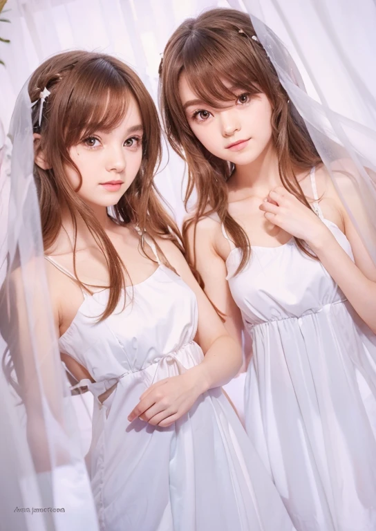 image of twin sisters in white dresses standing in front of a curtain, beautiful twin sisters,twins,identical faces, flowing white robes, in anime style, identical twin sisters
