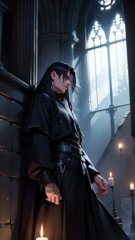 vampiro, Gothic, homem, 20 anos, corpo inteiro, medieval, floresta anoite, lua, castelo ao fundo,