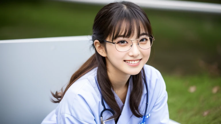8k,looking_at_viewer,RAW photo,ultra high res,best quality,(realistic photo:1.2),(22yo:1.5),detailed big eye,very cute girl,japanese girl,doctor,bangs,(wavy hair:1.3),black hair,skinny,labcoat,hospital,smile,slender,crossed_legs,wide_shot,glasses,round eyewear,park,Examination room,sitting cheir