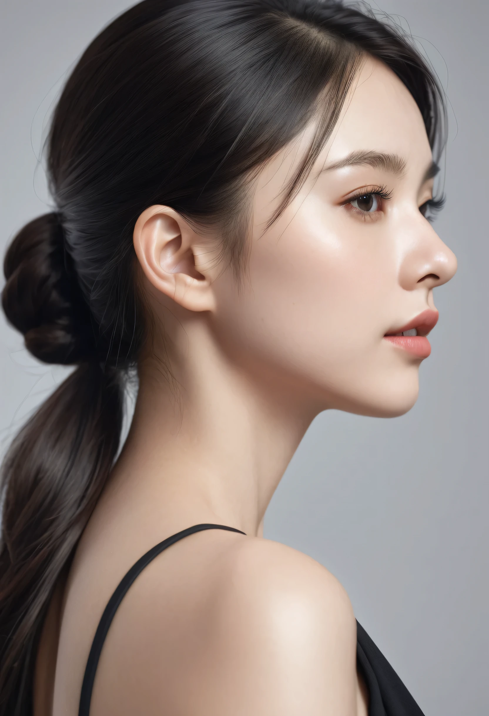 ((Best Quality, 8K )), A young cute profile woman, photorealistic, side view, portrait, ultra realistic, high detailed, high detailed skin, high quality, black dress