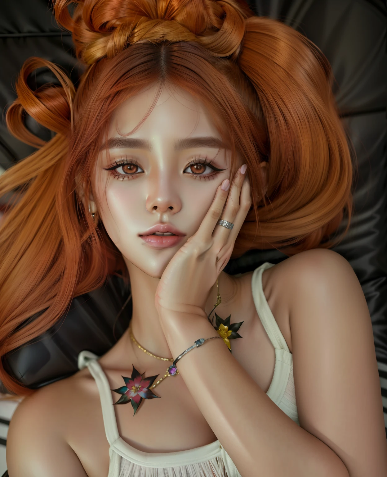 hay una mujer pelirroja acostada con las manos en la cara, retrato suave 8 k, muchacha coreana, obra de arte al estilo de guweiz, artista coreano, piel brillante, retrato de jossi de blackpink, anime hiperrealista, tendencia en cgstation, Fotorrealista!!!!!!! Estilo de Arte, [ 4 k photorealism ]!!, Fotorrealista anime