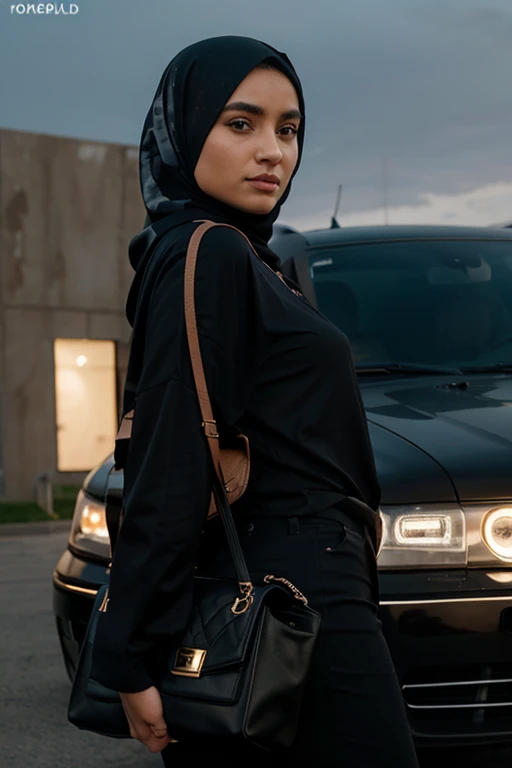 araffe woman in black hijab standing in front of a white car, monochrome, inspired by Fathi Hassan, shot with sigma f/ 4.2, mid shot portrait, shot with sigma f / 4. 2, in front of a garage, shot on sony a 7, portrait shot, shot with iphone 1 0, shot on canon eos r 5