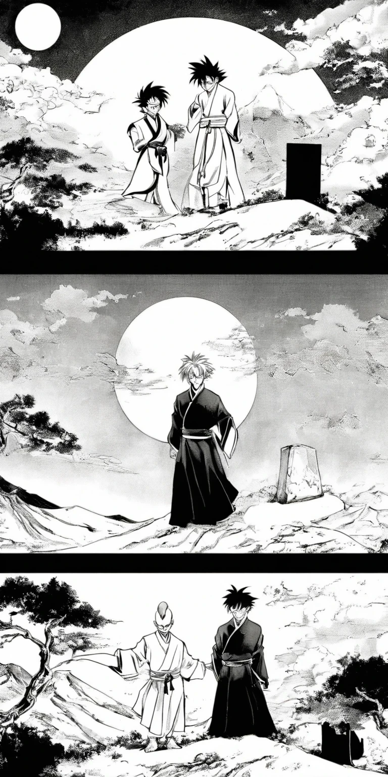 Line draft,black and white,white ground,monichrome,lineart, Sun Wukong, clad in traditional attire, solemnly bids farewell to the tombstone of his master Akira Toriyama on a hill. The sorrowful expression on his face echoes the melancholic atmosphere. The tombstone, a symbol of honor, stands prominently before him. The background exudes a sense of height and power with scattered trees adding depth. Shape-shifting clouds in the sky create an eerie aura. This poignant scene, reminiscent of award-winning comic book styles like Naoki Urasawa, captures the Monkey King in a desolate landscape. The black and white scheme enhances the drama and history, blending antiquity with emotion.