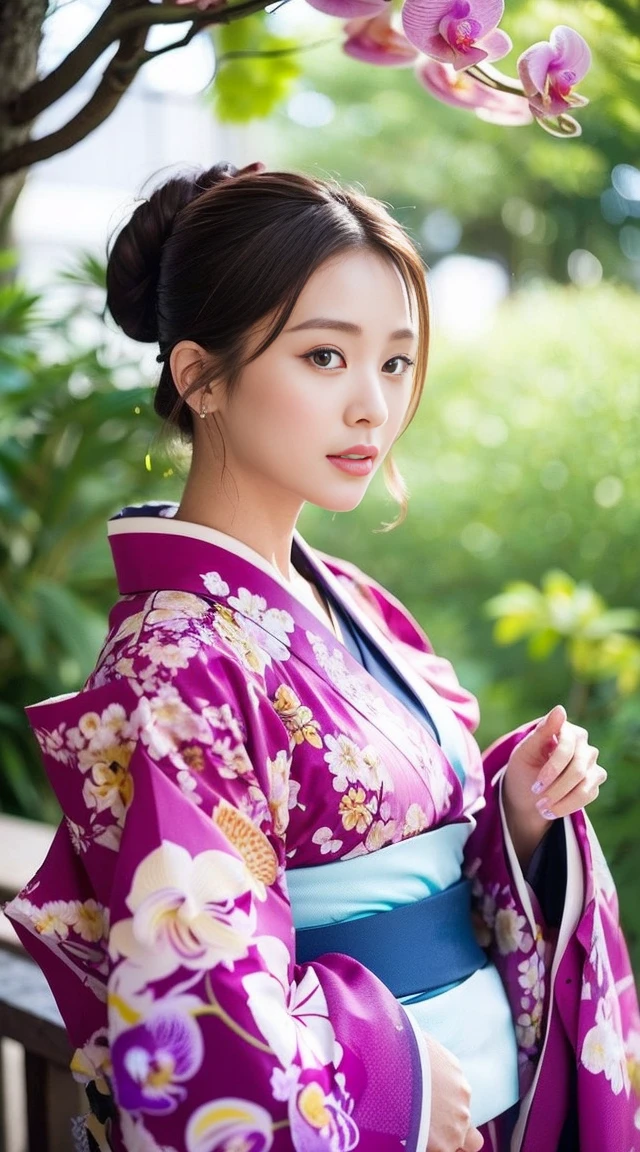 dark brown hair、light brown eyes、Japanese actress face、 lady、I'I like him and I'I'I am about 40 years old.、(intricate details:1.2)、(which one is the top?:1.4)、 (超High resolution:1.2)、超High resolution、(finely tuned)、(Features of detailed face)、nffsw、8K resolution、D cup size breasts、long hair、up hairstyle, up hair、bun hair、1 girl, A look of deep sadness, (Highly detailed beautiful face), (Orchid style beautiful and cute floral kimono:1.5), (highest quality:1.4), (Super detailed)、beautiful fair skin, open your mouth a little、Weakness Pose、obscene pose、japanese kimono、kimono、realistic, High resolution, 1 female, alone, raise one's hips high, look at viewer, (detailed face), kimono, lots of flowers、Light Purple Idium Chest、gorgeous girl、gorgeous kimono、cherry blossoms、Under the big cherry blossom tree、cherry blossoms blizzard、cherry blossomsの花びら、full body photo、Kyoto、Japan、