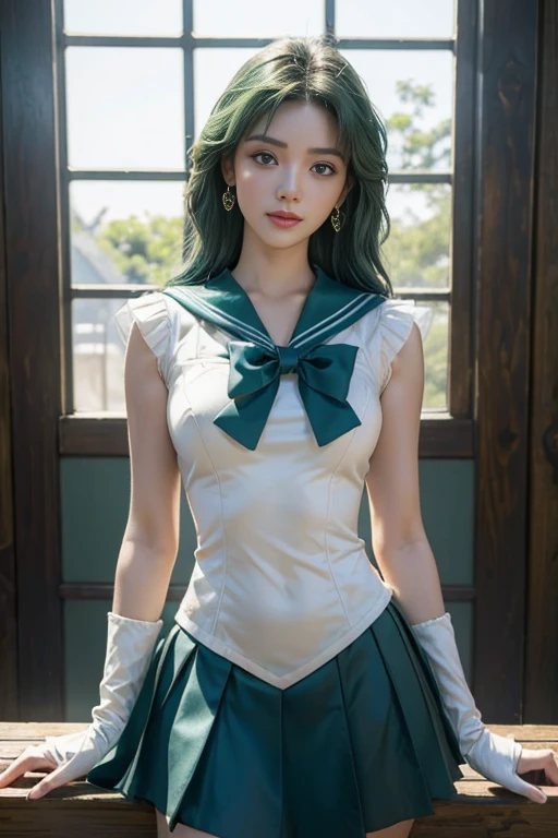 close up, 1 girl, sailor neptune, (sailor senshi:1.2), (aqua eyes:0.9), dark green hair, medium hair, Wedge skirt, best quality, earrings, masterpiece, high resolution, intricate details, (Reality), photography, (white elbow gloves:1.1), jewelry, medium breasts, whole body, dynamic background, dynamic poses,(masterpiece:1.3), (8K, Realism, 原始photography, Top image quality: 1.4),Super detailed face