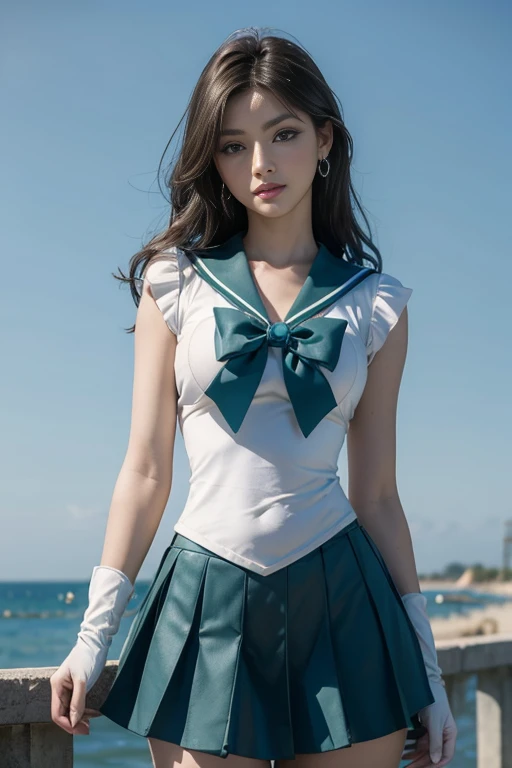 close up， 1 girl， sailor neptune， （sailor senshi：1.2）， （aqua eyes：0.9）， dark green hair， medium hair， Wedge skirt， best quality， earrings， masterpiece， high resolution， intricate details， （Reality）， photography， （white elbow gloves：1.1）， jewelry， medium breasts， whole body， dynamic background， dynamic poses，(​masterpiece:1.3), (8K, Realism, 原始photography, Top image quality: 1.4)，Super detailed face