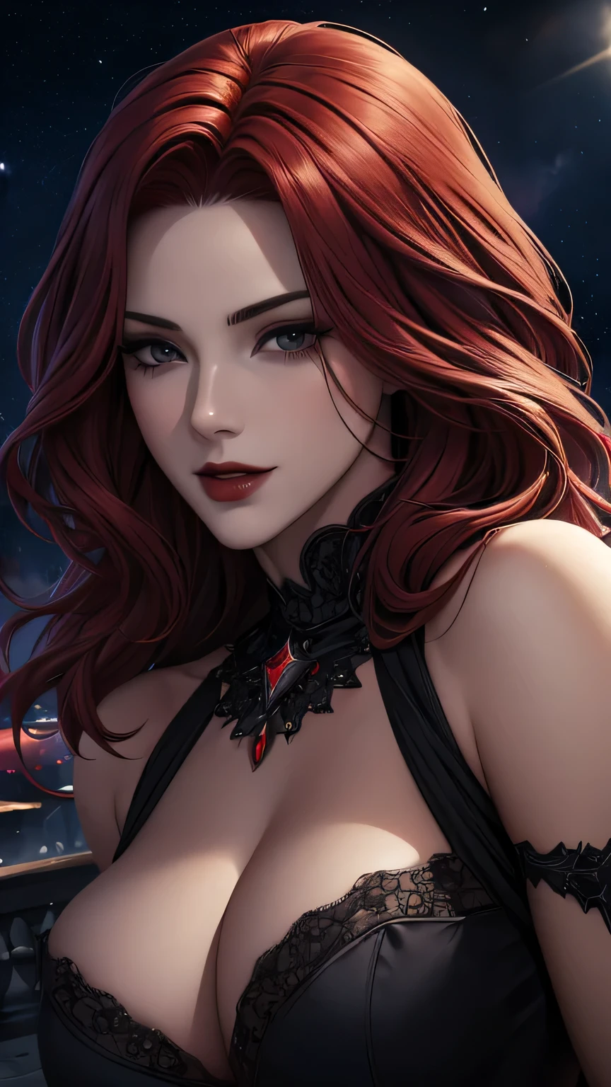 portrait shot, ((vivid red hair)), mature woman, 30 years old, diamond face, moonlight, red starry sky background, depth of field, magic, big red lips, ((dark black eyes)) black and red long and full dress, covered chest, mystical atmosphere, ominous shadows, Intense blue aura, Intense red aura (best quality:1.2), absurdres, intricate details, (highly detailed skin:1.2), smile expression, posing, taut and well defined body, attractive. Highly realistic, pale skin, beautiful, hyperrealism, skin very elaborated, direct gaze
