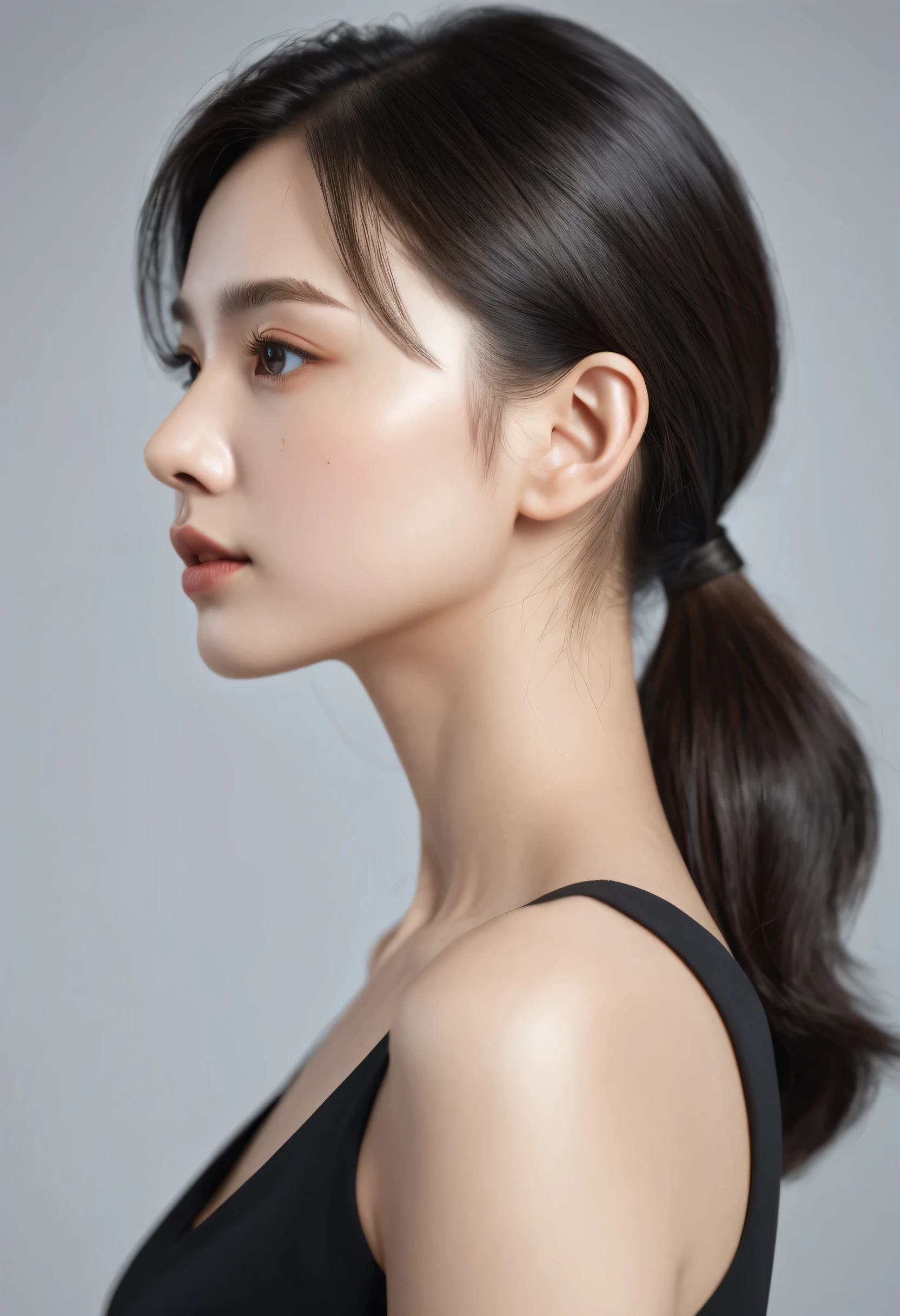 ((Best Quality, 8K )), A young cute profile woman, photorealistic, side view, portrait, ultra realistic, high detailed, high detailed skin, high quality, black dress