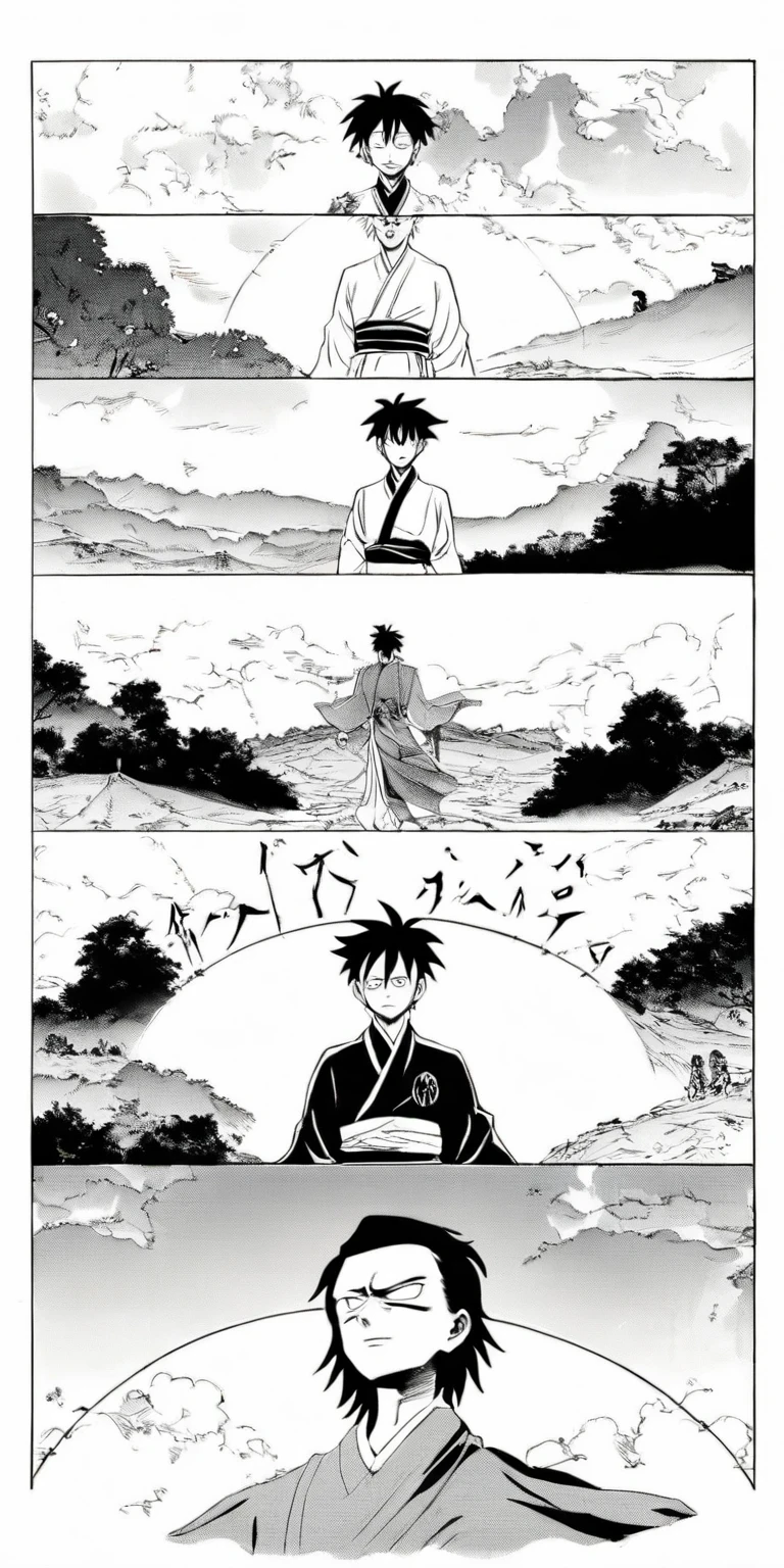 Line draft,black and white,white ground,monichrome,lineart, Sun Wukong, clad in traditional attire, solemnly bids farewell to the tombstone of his master Akira Toriyama on a hill. The sorrowful expression on his face echoes the melancholic atmosphere. The tombstone, a symbol of honor, stands prominently before him. The background exudes a sense of height and power with scattered trees adding depth. Shape-shifting clouds in the sky create an eerie aura. This poignant scene, reminiscent of award-winning comic book styles like Naoki Urasawa, captures the Monkey King in a desolate landscape. The black and white scheme enhances the drama and history, blending antiquity with emotion.