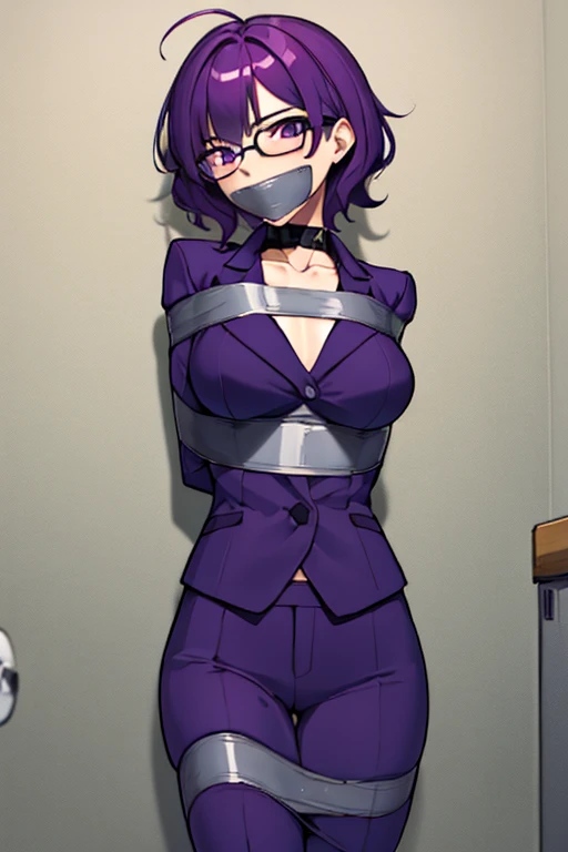 (masterpiece), best quality, expressive eyes, highres, anatomically correct, 1girl, perfect face, perfect hands, female, short hair, messy hair, wavy hair, purple hair, side bang, purple eyes, fair skin, medium chest, gagged, bondage, tied up, restrained, restricted, tied, harness, rope, arms behind back, hands behind back, purple glasses, purple suit, suit pants, gloves,