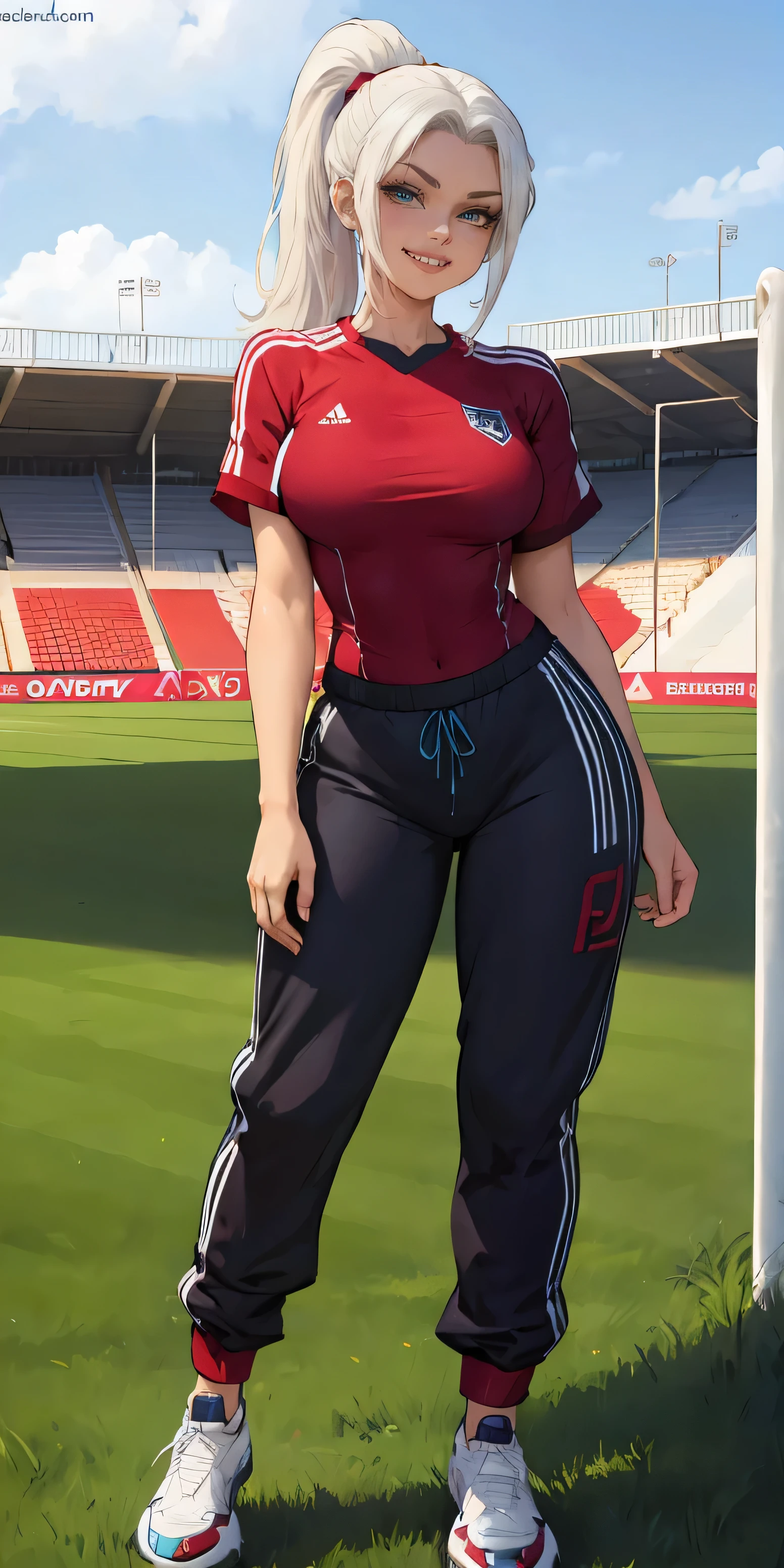 Hd quality, masterpiece cocky, smirk, uniform, soccer field background, white hair, blue eyes, slim thick, feminine, long ponytail, cocky, sassy, mischievous, full body imag, joggers, 18 y old, young woman, grin, teenager