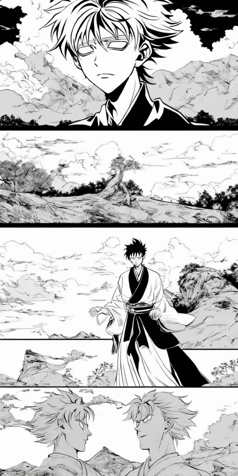 Line draft,black and white,white ground,monichrome,lineart, Sun Wukong, clad in traditional attire, solemnly bids farewell to the tombstone of his master Akira Toriyama on a hill. The sorrowful expression on his face echoes the melancholic atmosphere. The tombstone, a symbol of honor, stands prominently before him. The background exudes a sense of height and power with scattered trees adding depth. Shape-shifting clouds in the sky create an eerie aura. This poignant scene, reminiscent of award-winning comic book styles like Naoki Urasawa, captures the Monkey King in a desolate landscape. The black and white scheme enhances the drama and history, blending antiquity with emotion.