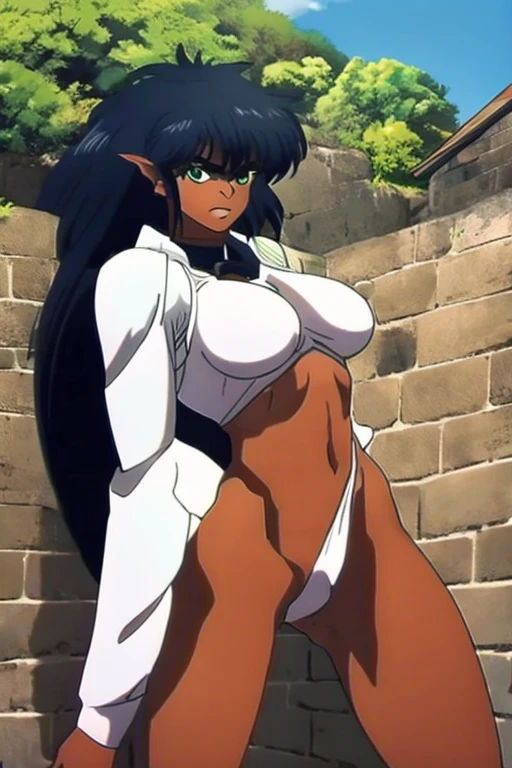 1girl,looking at viewer,dark skinned female,long hair,black hair,((green eyes)),shiny hair,muscular female,thick body,wears a white armor,v-shaped eyebrows,bangs,castle,forest,scenery,