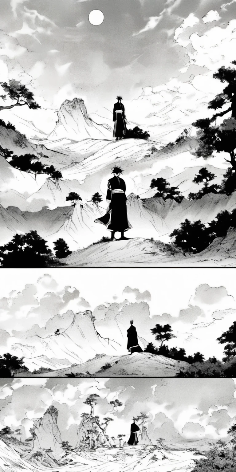 Line draft，black and white，white ground,monichrome,lineart, Sun Wukong, clad in traditional attire, solemnly bids farewell to the tombstone of his master Akira Toriyama on a hill. The sorrowful expression on his face echoes the melancholic atmosphere. The tombstone, a symbol of honor, stands prominently before him. The background exudes a sense of height and power with scattered trees adding depth. Shape-shifting clouds in the sky create an eerie aura. This poignant scene, reminiscent of award-winning comic book styles like Naoki Urasawa, captures the Monkey King in a desolate landscape. The black and white scheme enhances the drama and history, blending antiquity with emotion.
