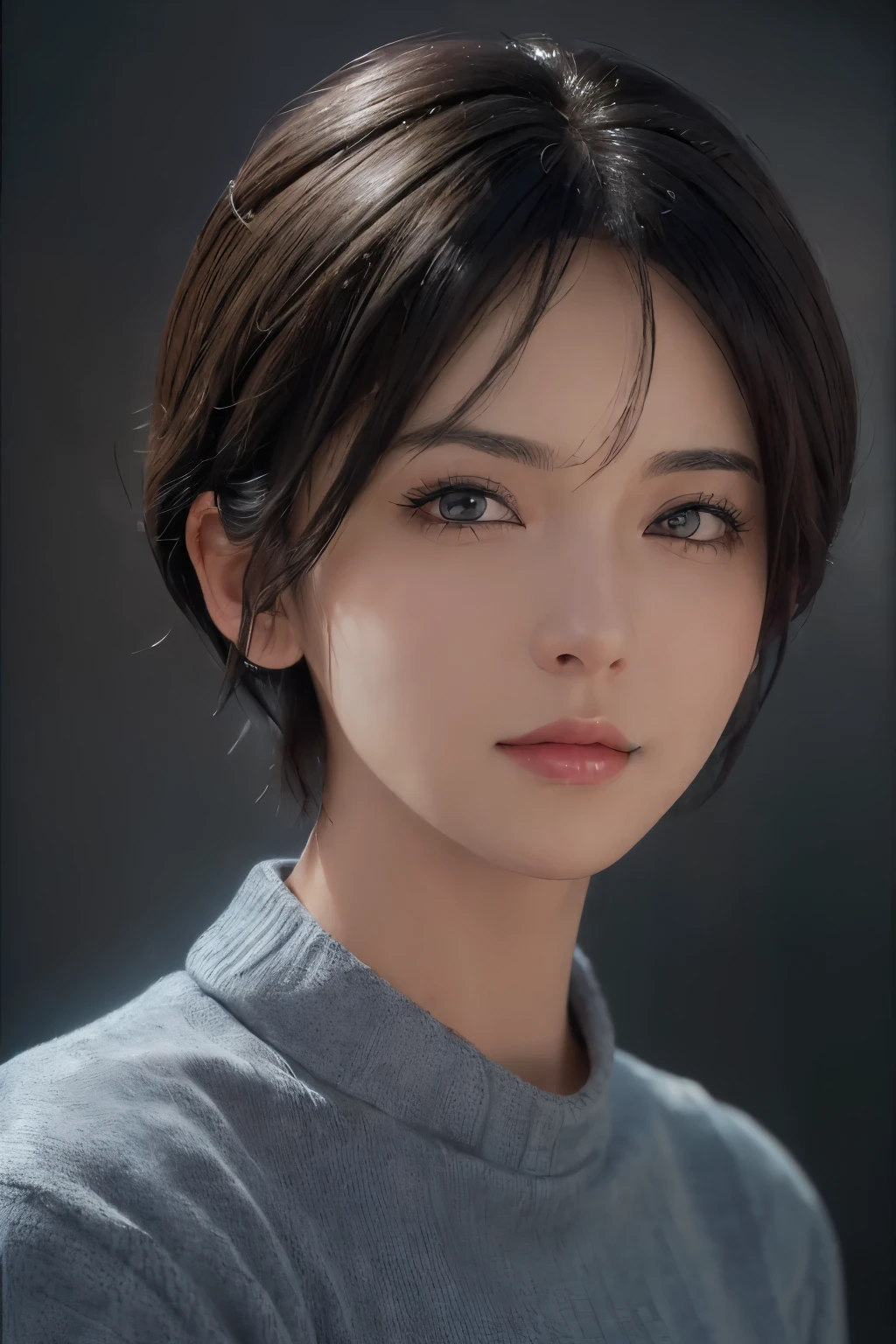 (masterpiece:1.3), (8k, photorealistic, RAW photo, best quality: 1.4), (1girl), beautiful face, (realistic face), (black hair, short hair:1.3), beautiful hairstyle, realistic eyes, beautiful detailed eyes, (realistic skin), beautiful skin, (sweater), absurdres, attractive, ultra high res, ultra realistic, highly detailed, golden ratio