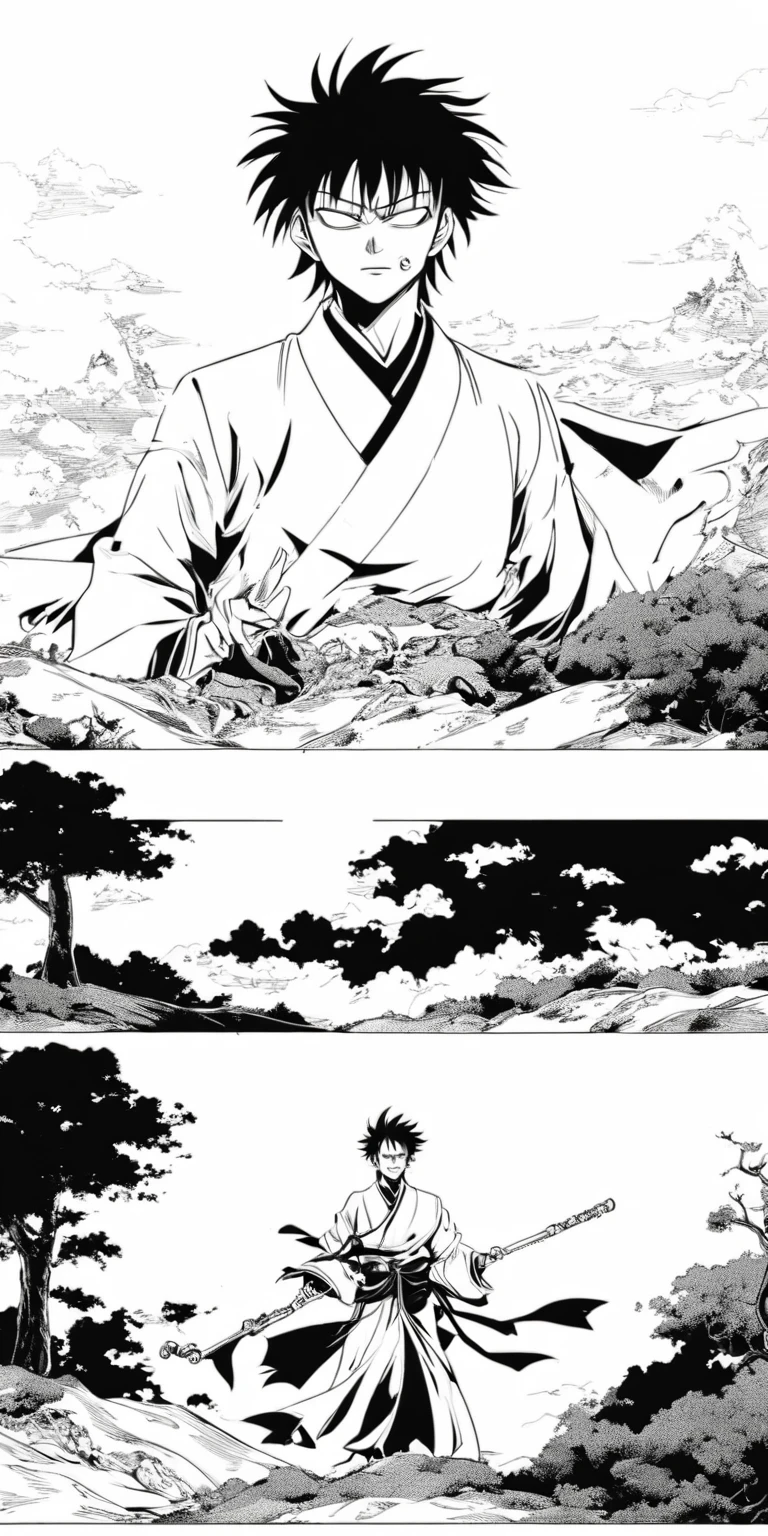 Line draft,black and white,white ground,monichrome,lineart, Sun Wukong, clad in traditional attire, solemnly bids farewell to the tombstone of his master Akira Toriyama on a hill. The sorrowful expression on his face echoes the melancholic atmosphere. The tombstone, a symbol of honor, stands prominently before him. The background exudes a sense of height and power with scattered trees adding depth. Shape-shifting clouds in the sky create an eerie aura. This poignant scene, reminiscent of award-winning comic book styles like Naoki Urasawa, captures the Monkey King in a desolate landscape. The black and white scheme enhances the drama and history, blending antiquity with emotion.