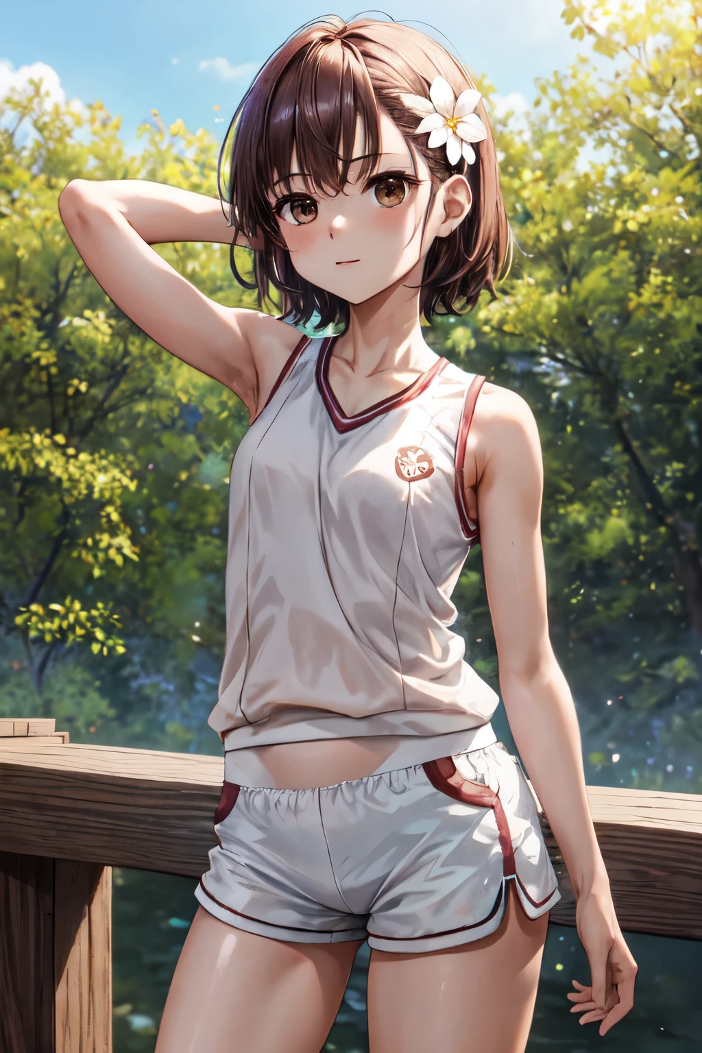 masterpiece, best quality, highres, aamikoto, short hair, hair flower, gym uniform, bare shoulders, sleeveless shirt, white shirt, short shorts, white shorts, standing, cowboy shot, outdoors