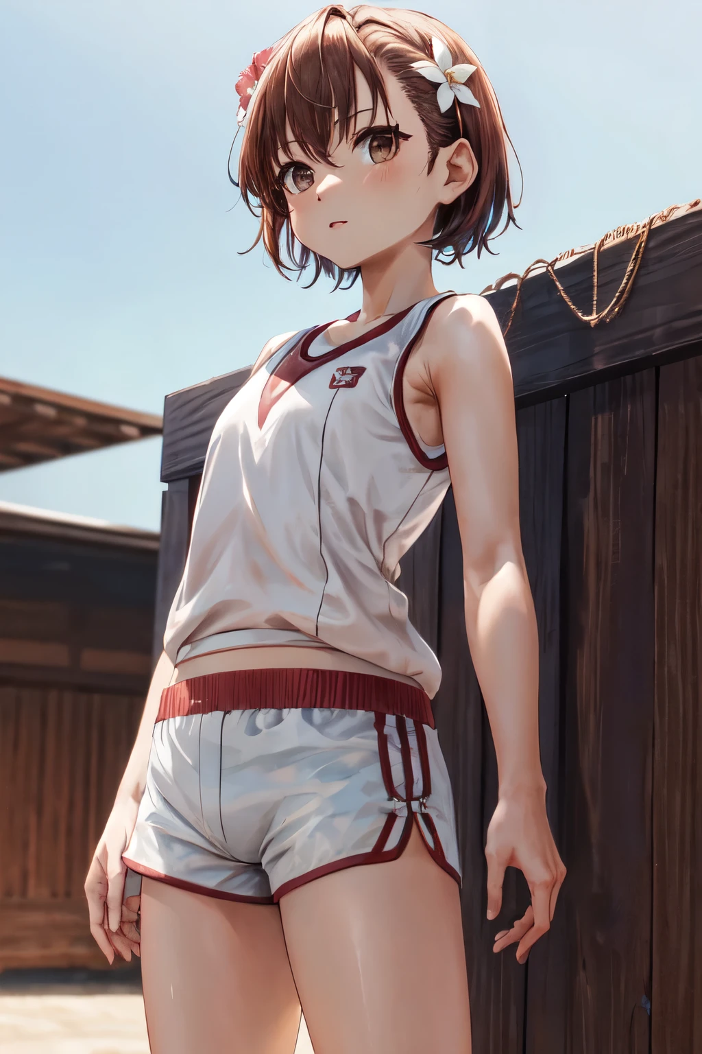 masterpiece, best quality, highres, aamikoto, short hair, hair flower, gym uniform, bare shoulders, sleeveless shirt, white shirt, short shorts, white shorts, standing, cowboy shot, outdoors