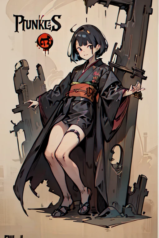 ((A girl with a bob haircut in a red kimono))、((ruins)), ((punk band poster)),cartoon style, Horror elements, Comic book style illustrations, (drawing style), full body (Spooky), Japanese carving, primitive art, circus, crazy illustration, flat illustration、((small eyes))
