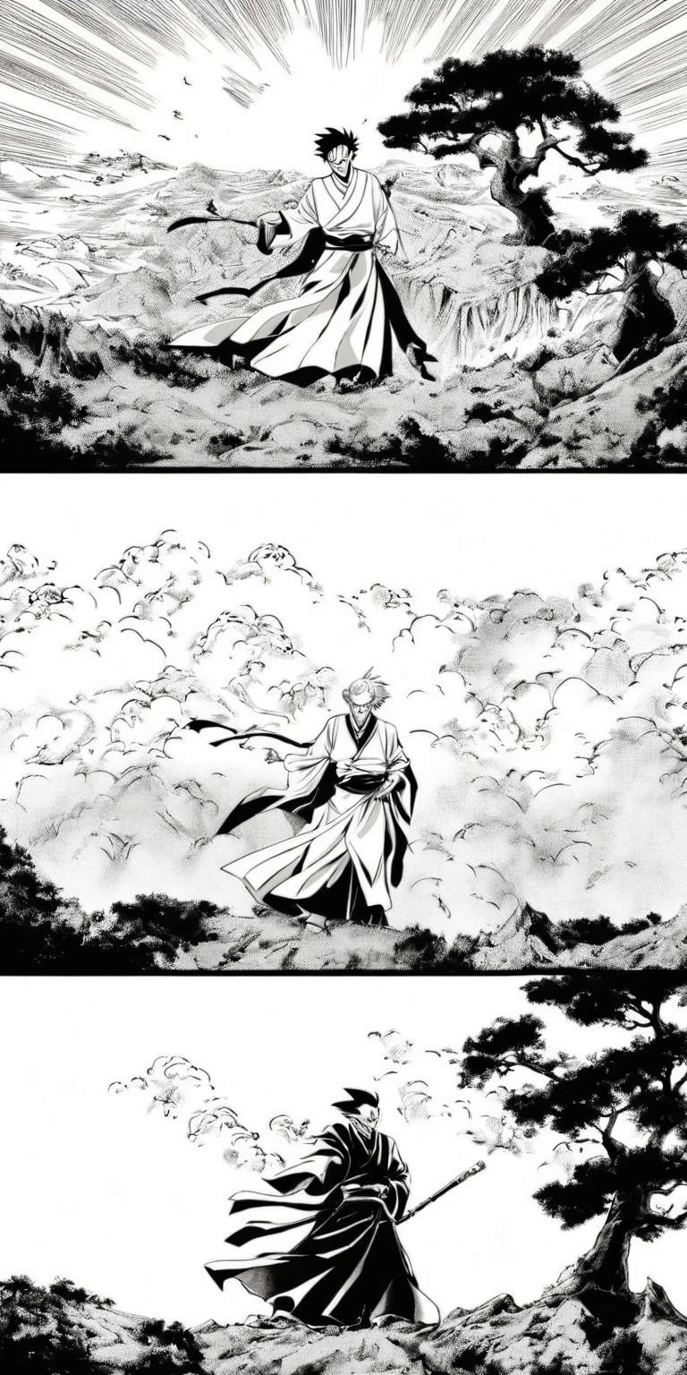 Line draft,black and white,white ground,monichrome,lineart, Sun Wukong, clad in traditional attire, solemnly bids farewell to the tombstone of his master Akira Toriyama on a hill. The sorrowful expression on his face echoes the melancholic atmosphere. The tombstone, a symbol of honor, stands prominently before him. The background exudes a sense of height and power with scattered trees adding depth. Shape-shifting clouds in the sky create an eerie aura. This poignant scene, reminiscent of award-winning comic book styles like Naoki Urasawa, captures the Monkey King in a desolate landscape. The black and white scheme enhances the drama and history, blending antiquity with emotion.