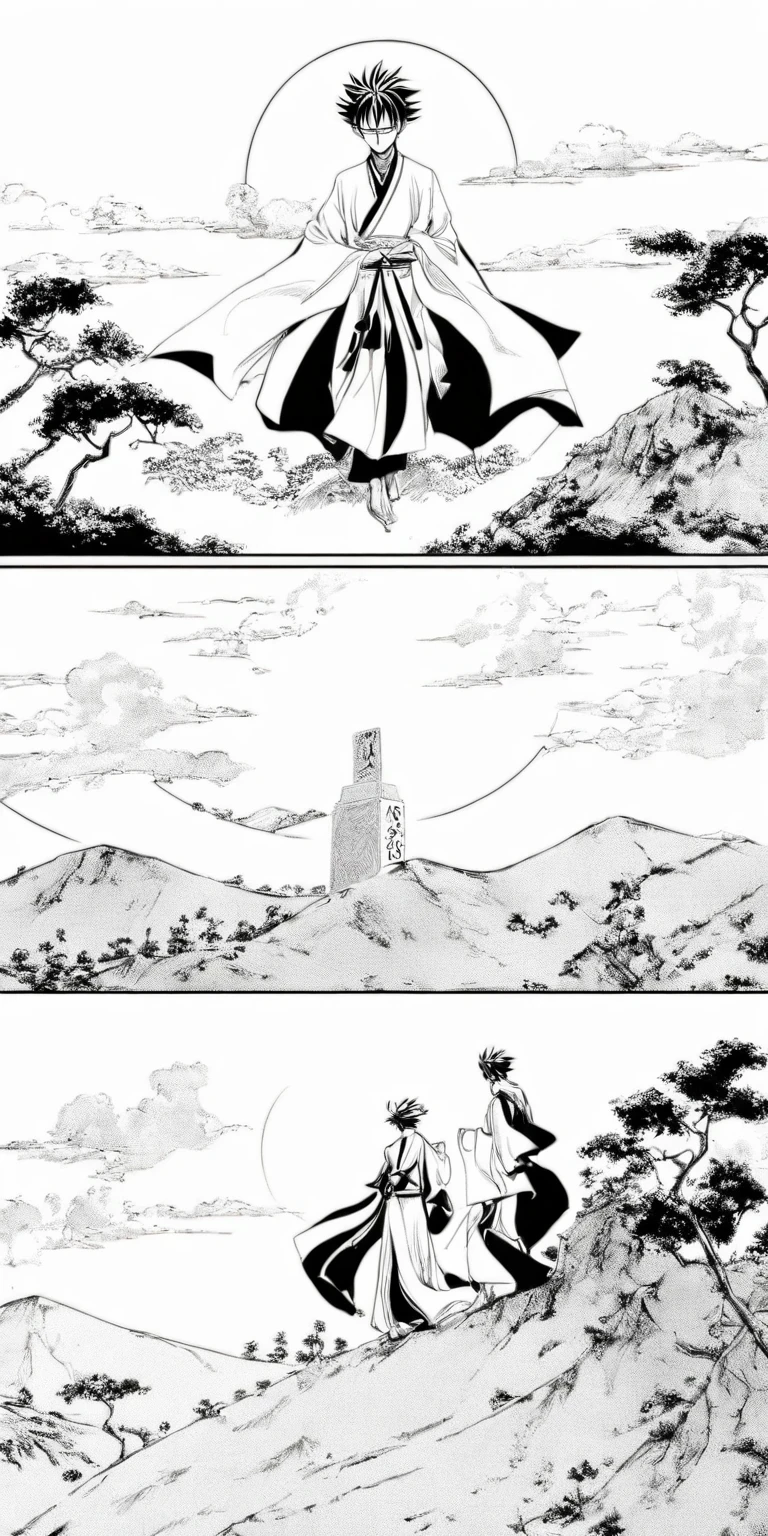 Line draft，black and white，white ground,monichrome,lineart, Sun Wukong, clad in traditional attire, solemnly bids farewell to the tombstone of his master Akira Toriyama on a hill. The sorrowful expression on his face echoes the melancholic atmosphere. The tombstone, a symbol of honor, stands prominently before him. The background exudes a sense of height and power with scattered trees adding depth. Shape-shifting clouds in the sky create an eerie aura. This poignant scene, reminiscent of award-winning comic book styles like Naoki Urasawa, captures the Monkey King in a desolate landscape. The black and white scheme enhances the drama and history, blending antiquity with emotion.
