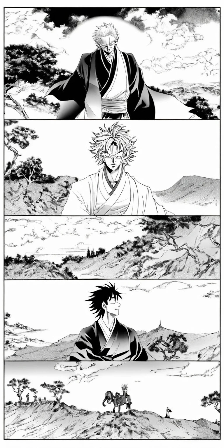 Line draft，black and white，white ground,monichrome,lineart, Sun Wukong, clad in traditional attire, solemnly bids farewell to the tombstone of his master Akira Toriyama on a hill. The sorrowful expression on his face echoes the melancholic atmosphere. The tombstone, a symbol of honor, stands prominently before him. The background exudes a sense of height and power with scattered trees adding depth. Shape-shifting clouds in the sky create an eerie aura. This poignant scene, reminiscent of award-winning comic book styles like Naoki Urasawa, captures the Monkey King in a desolate landscape. The black and white scheme enhances the drama and history, blending antiquity with emotion.
